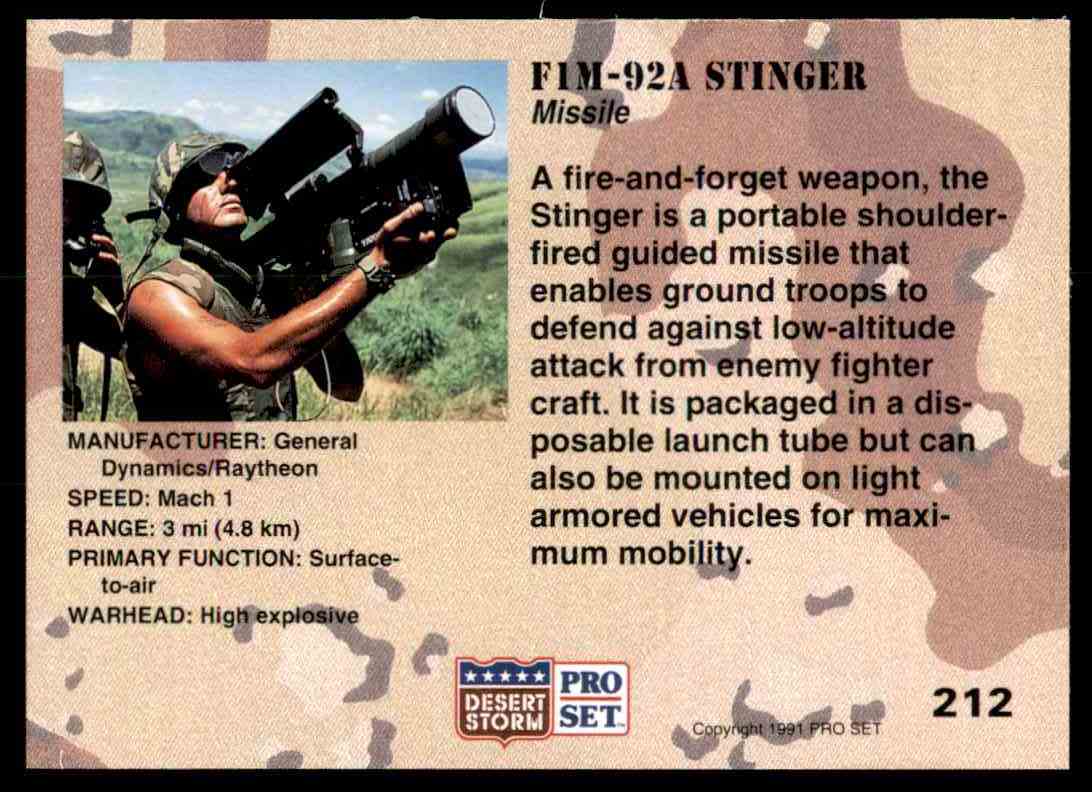 1991 Desert Storm Pro Set Fim-92A Stinger #212 card back image