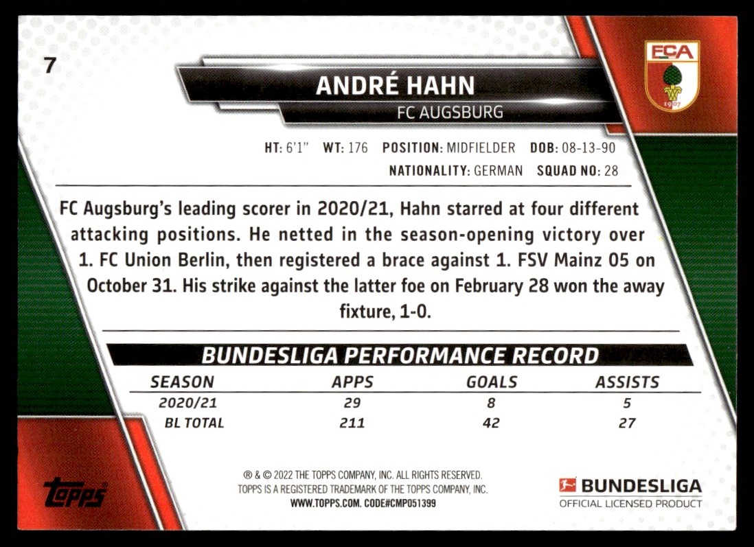 2021 Topps Bundesliga André Hahn #7 card back image