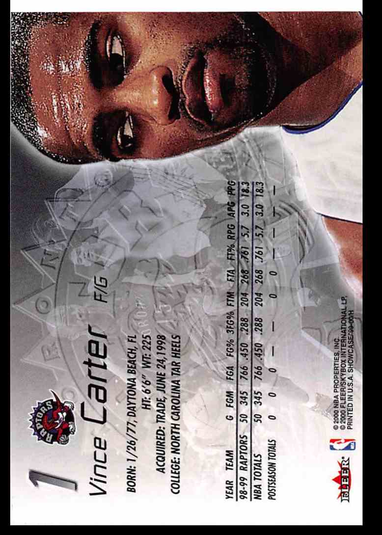 1999-00 Fleer Flair Showcase Vince Carter #1 card back image