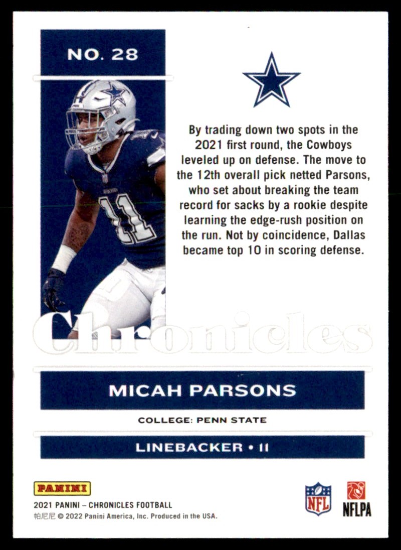 2022 Panini Chronicles Draft Picks Micah Parsons #28 card back image
