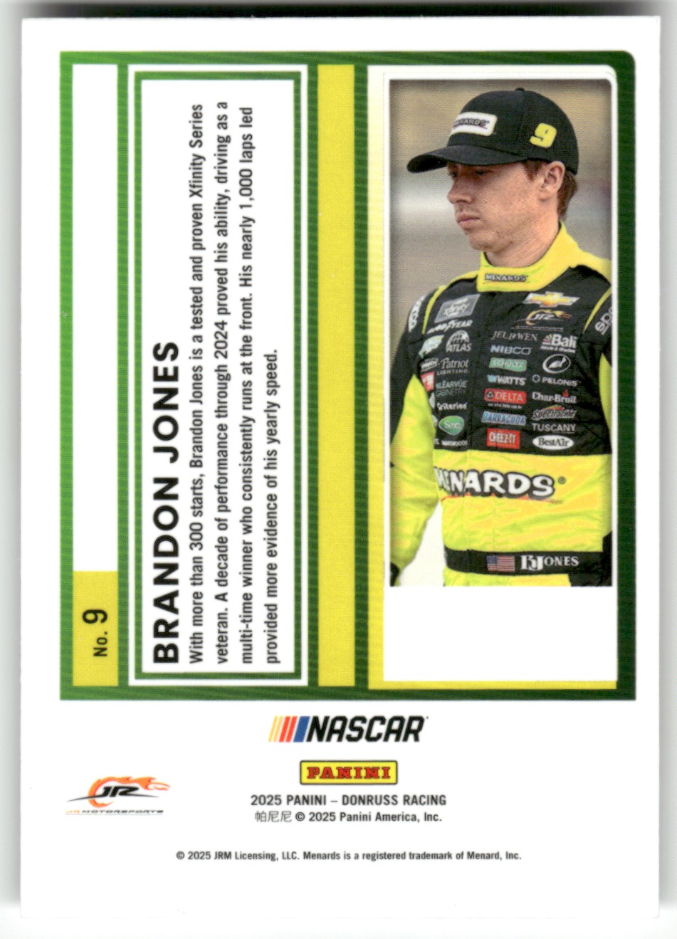 2025 Donruss NASCAR Optic BRANDON JONES #9 card back image