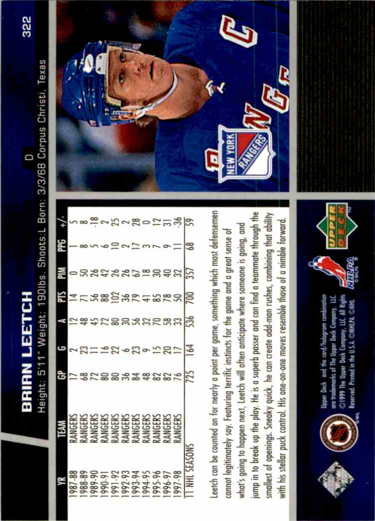 1998-99 Upper Deck Gold Reserve Brian Leetch #322 card back image