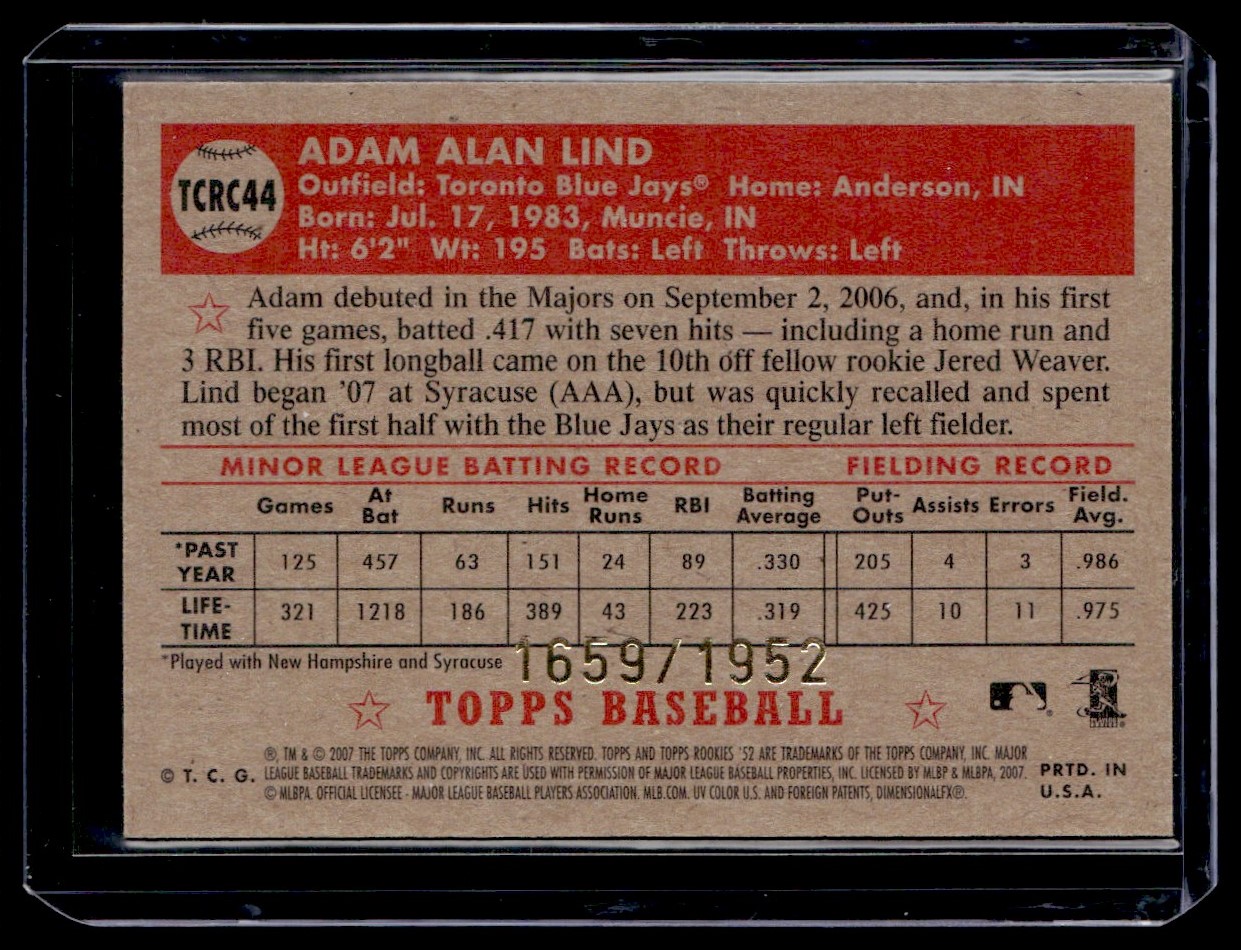 2007 Topps Rookie 1952 Edition Chrome Adam Lind #TCRC44 card back image
