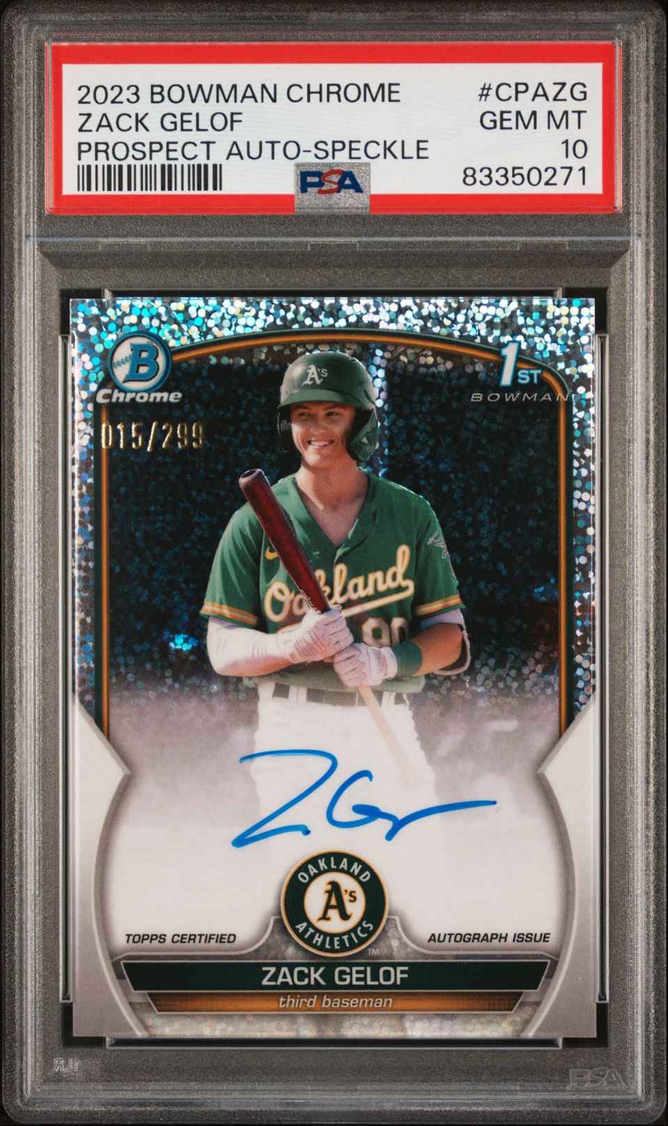 2023 Bowman Chrome Prospect Autographs Speckle Refractor Zack Gelof /299 PSA 10