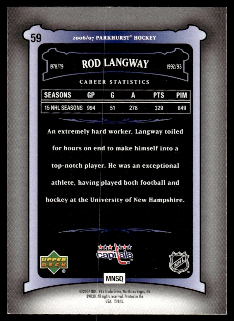 2006-07 Parkhurst ! Rod Langway #59 card back image