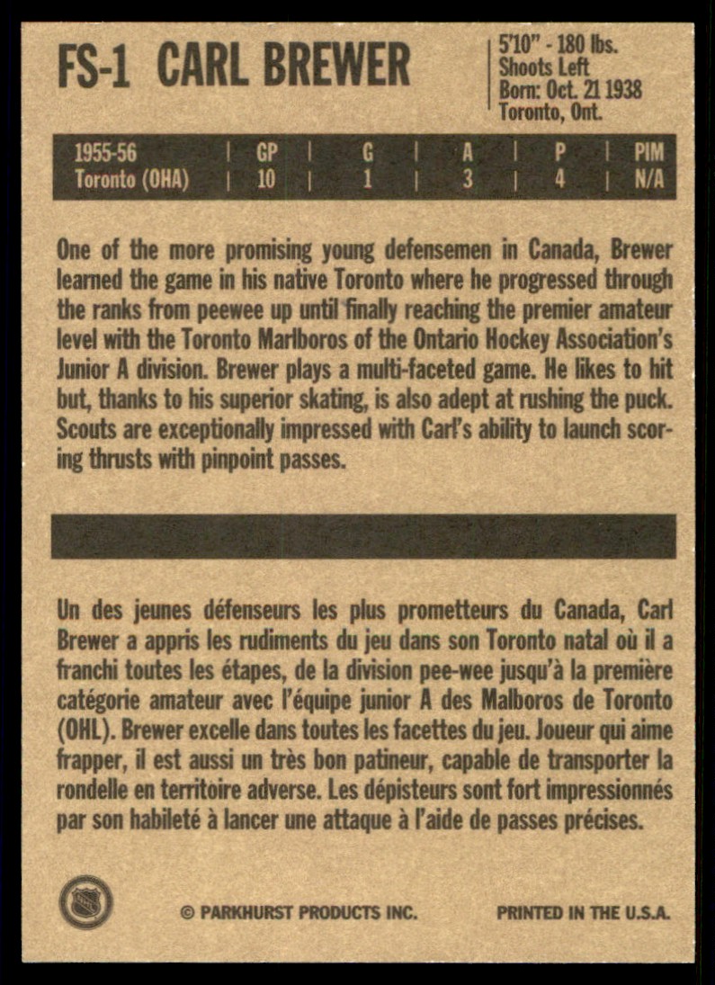 1994-95 Parkhurst Missing Link 1956-57 Future Stars Carl Brewer #FS-1 card back image