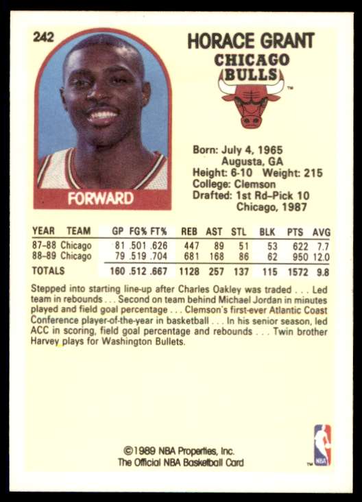 1989-90 NBA Hoops Horace Grant #242 card back image