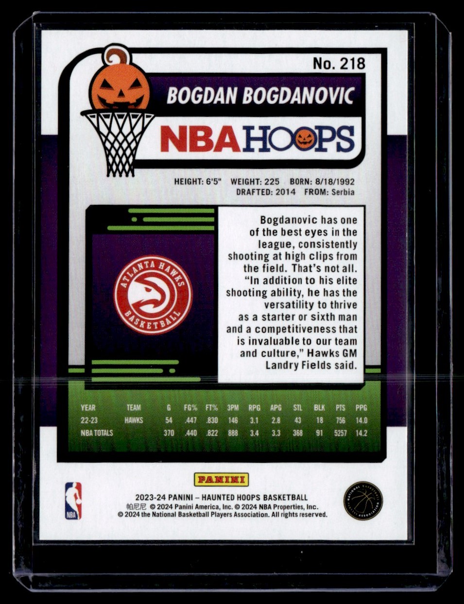 2024-25 NBA Hoops Bogdan Bogdanovic #218 card back image
