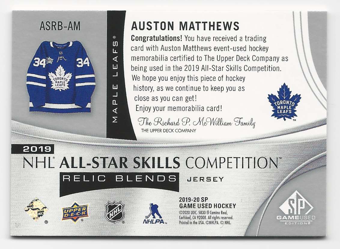 2019-20 SP Game Used 2019 All Star Skills Relic Blends Auston Matthews #ASRB-AM card back image