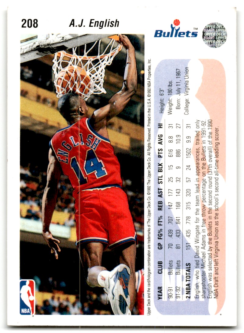 1992-93 Upper Deck A.J. English #208 card back image