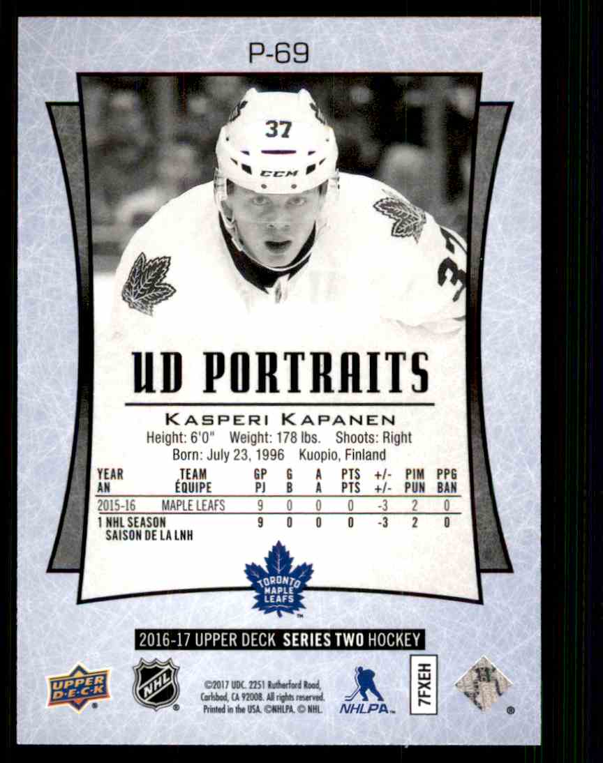 2016-17 Upper Deck UD Rookie Portraits Series Two Kasperi Kapanen #P-69 card back image