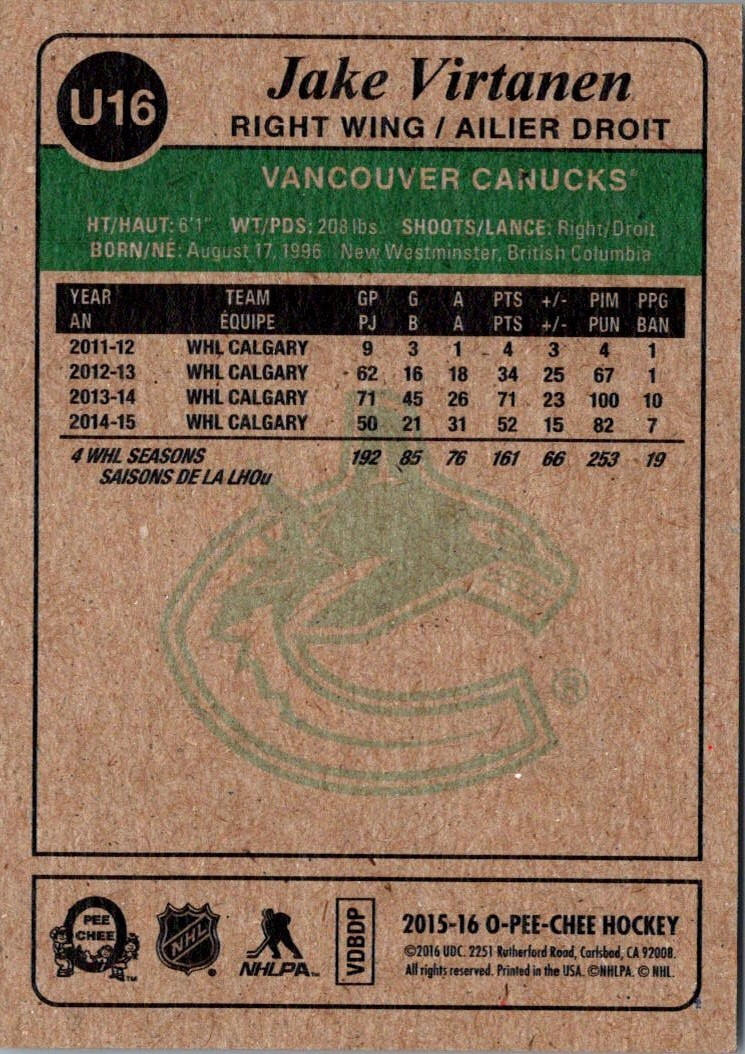 2015-16 Upper Deck O-Pee-Chee Retro Jake Virtanen #U16 card back image