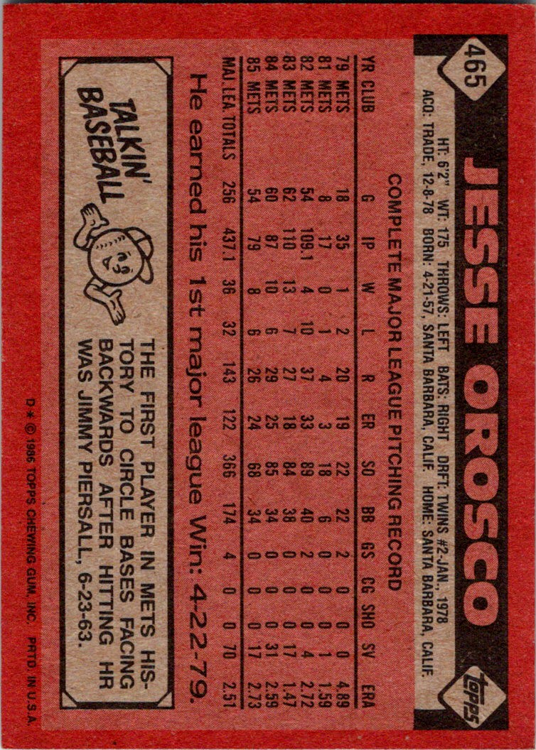 1986 Topps #465 Jesse Orosco VG New York Mets - Under the Radar Sports