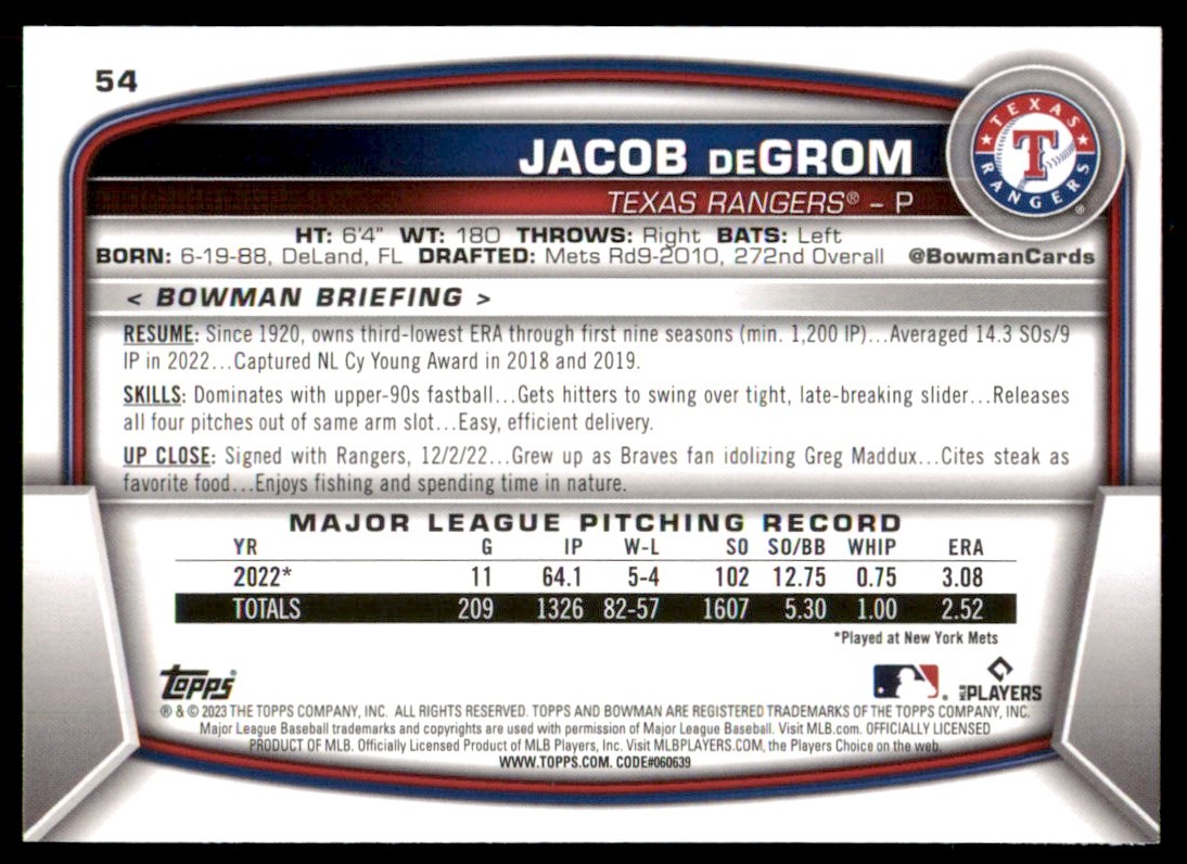 2023 Bowman Jacob deGrom #54 card back image
