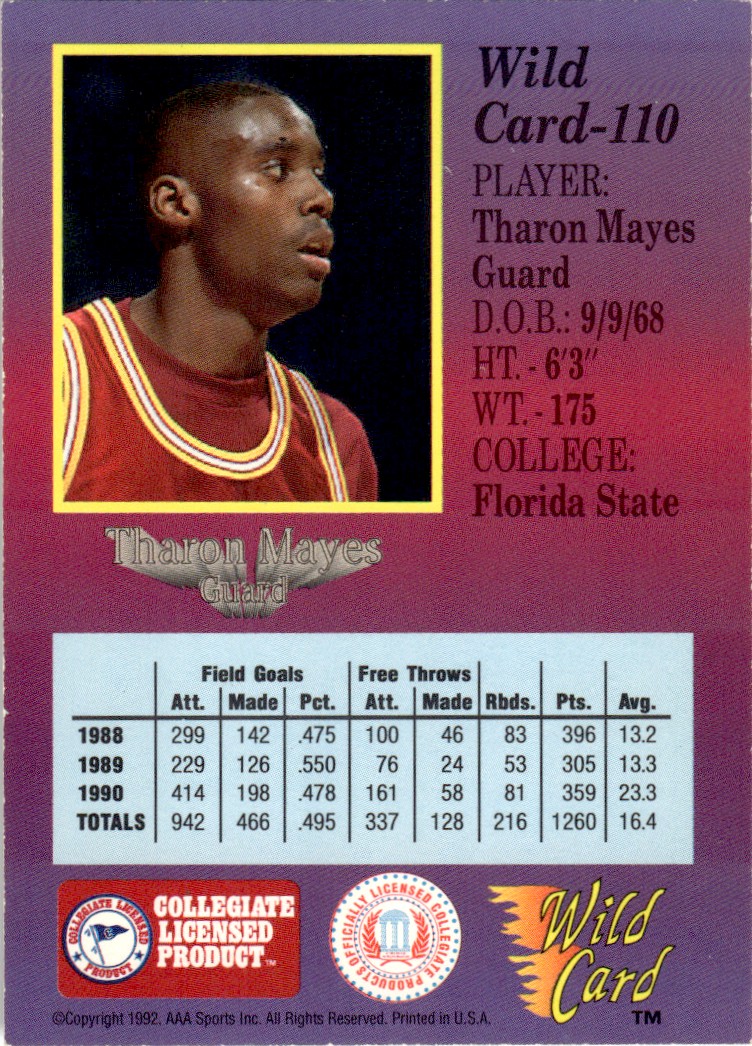 1991-92 Wild Card Tharon Mayes #110 card back image