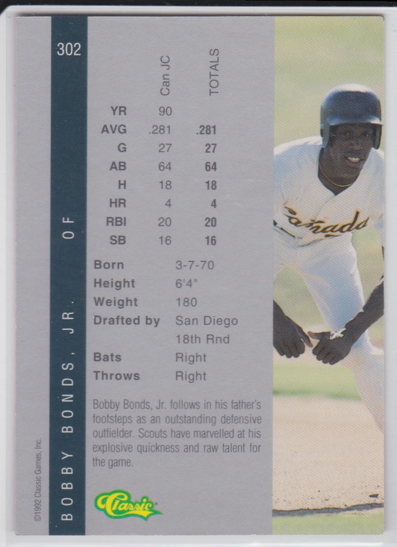 1992 Classic Best Bobby Bonds Jr. #302 card back image