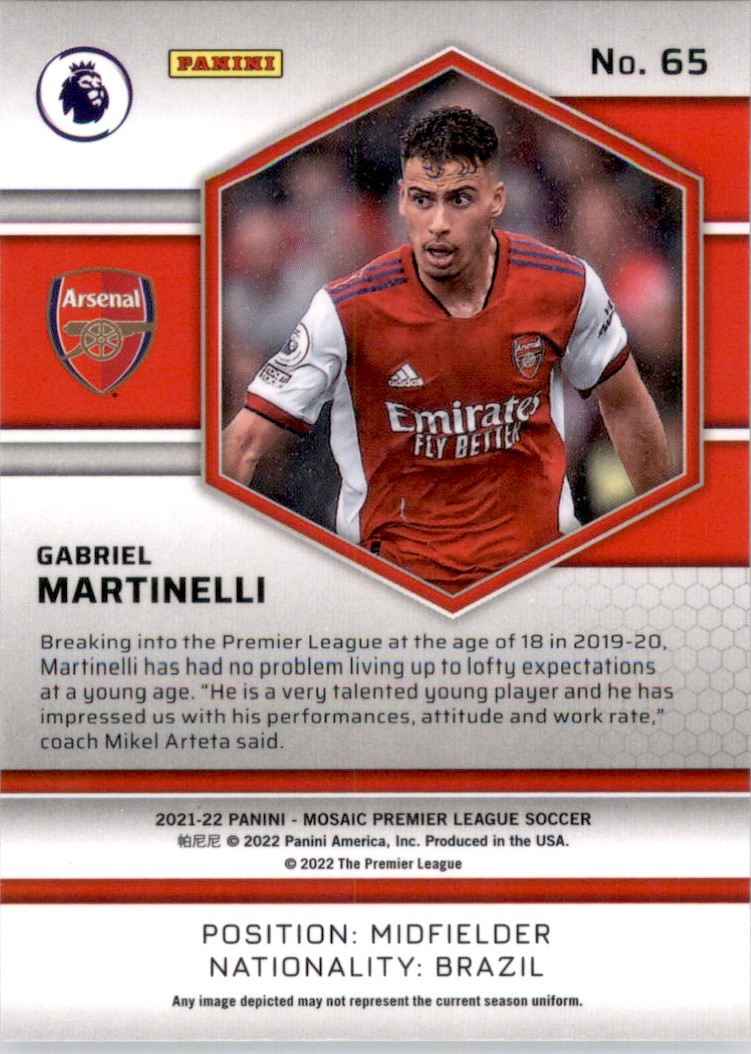 2021 Panini Mosaic English Premier League Gabriel Martinelli #65 card back image
