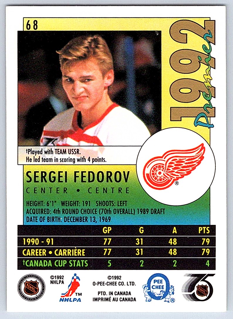 1991-92 O-Pee-Chee Premier Sergei Fedorov #68 card back image