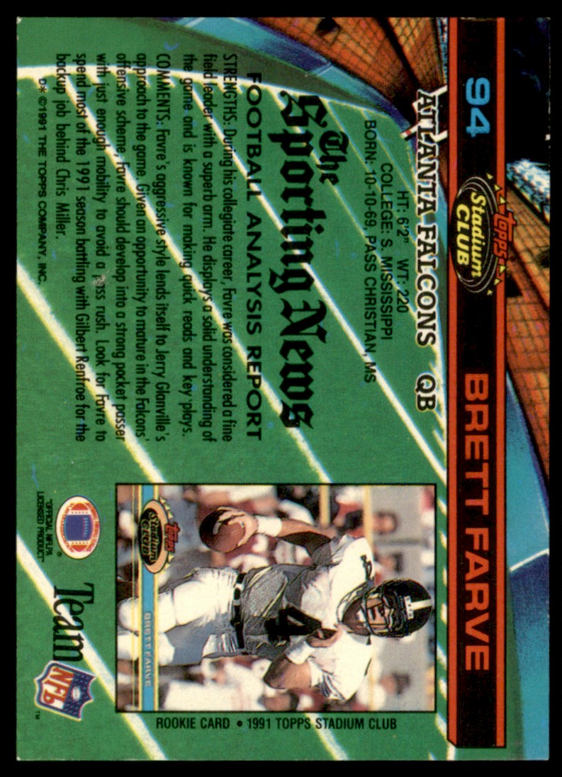 1991 Stadium Club Brett Favre #94 card back image