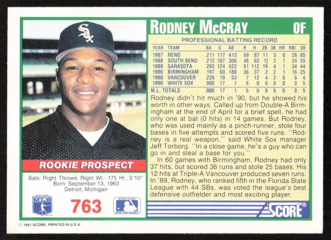 1991 Score Rodney McCray #763 card back image