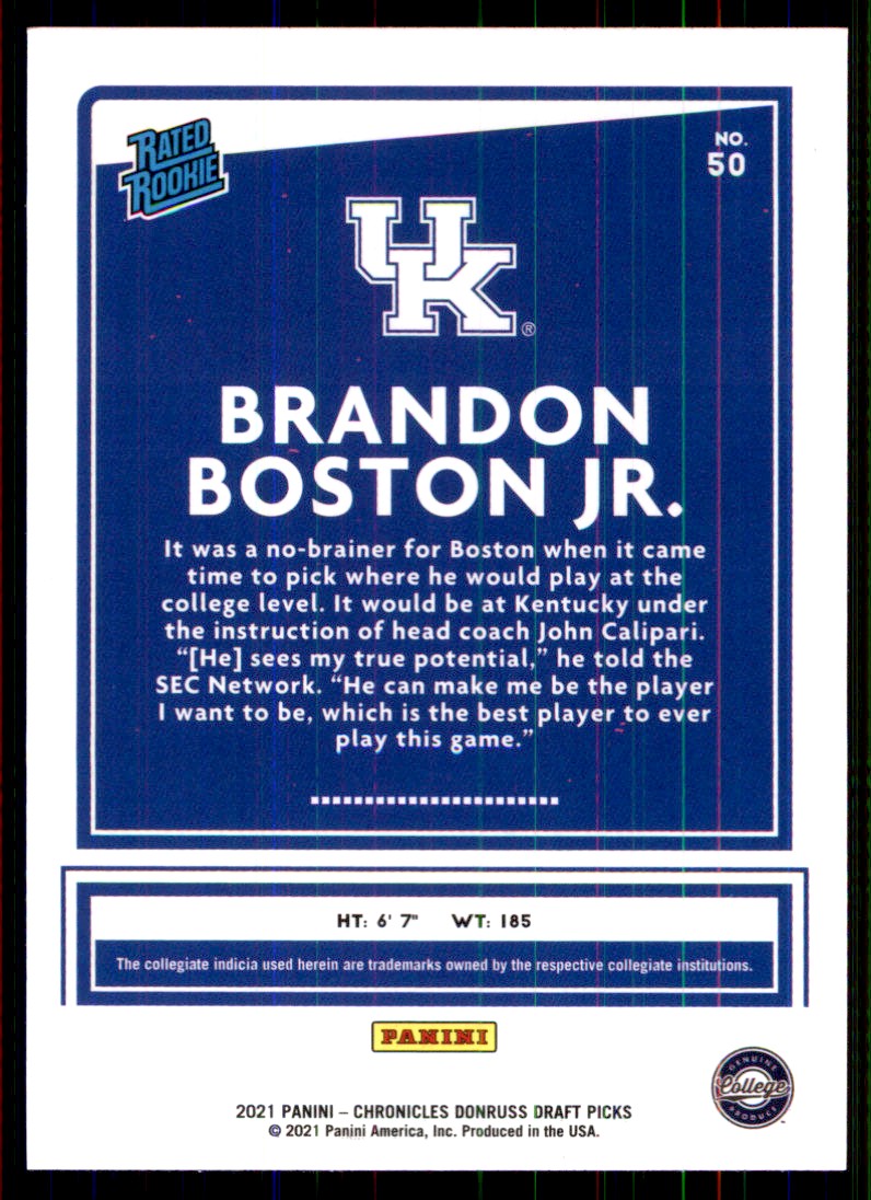 2021-22 Panini Chronicles Draft Picks Brandon Boston Jr./Donruss #50 card back image