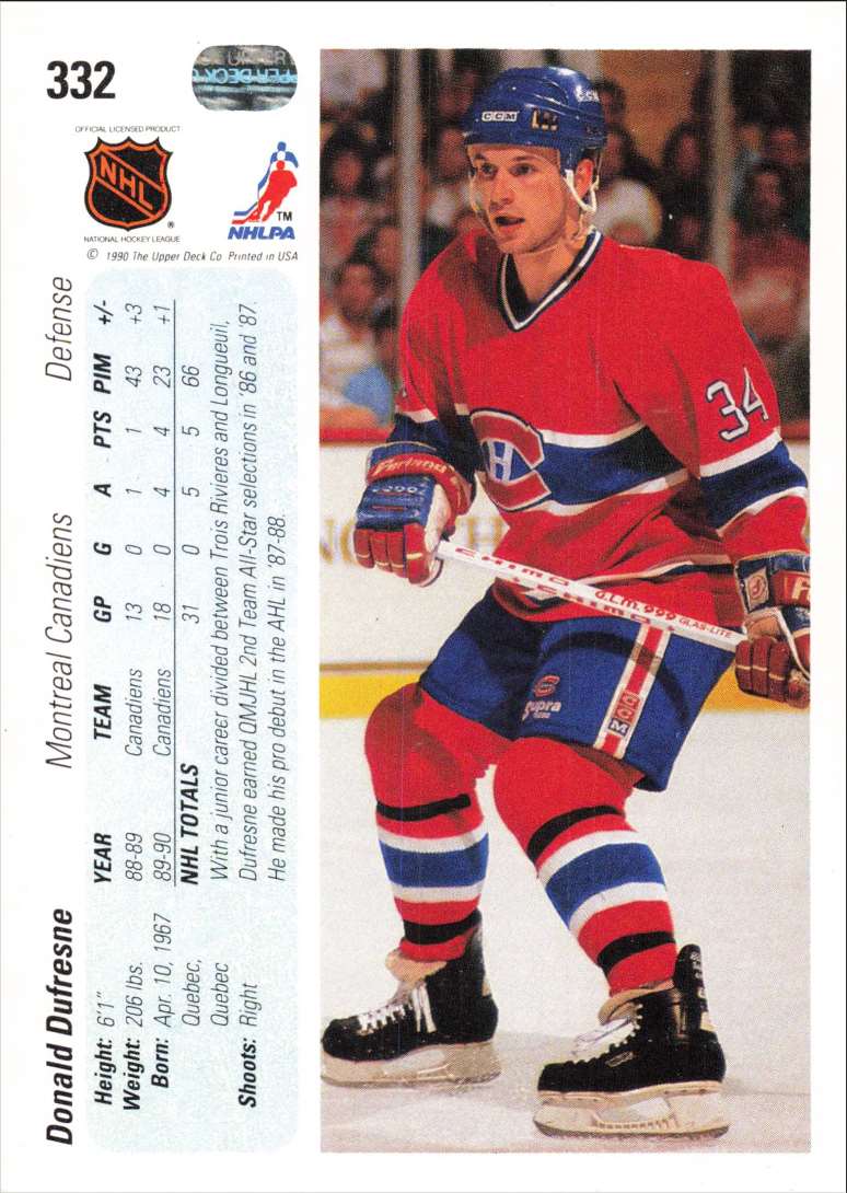 エストゥディアンテス 90s ユニフォーム CARTA FRANCA L相当 1990-91 Upper Deck Rookie Hockey Card Donald Dufresne Montreal