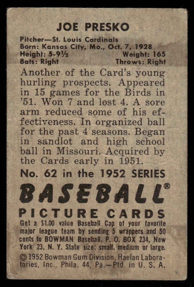 1952 Bowman Joe Presko #62 card back image