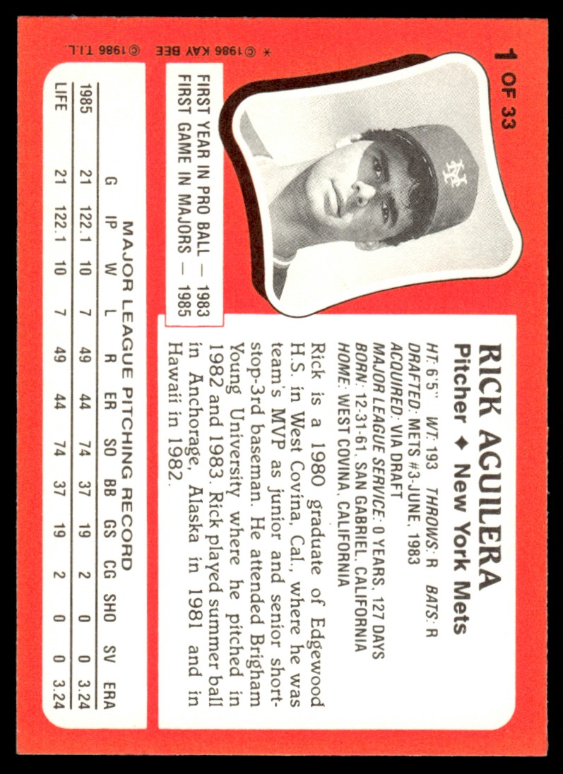 1986 Topps Kay-Bee Young Superstars of Baseball Rick Aguilera #1 card back image