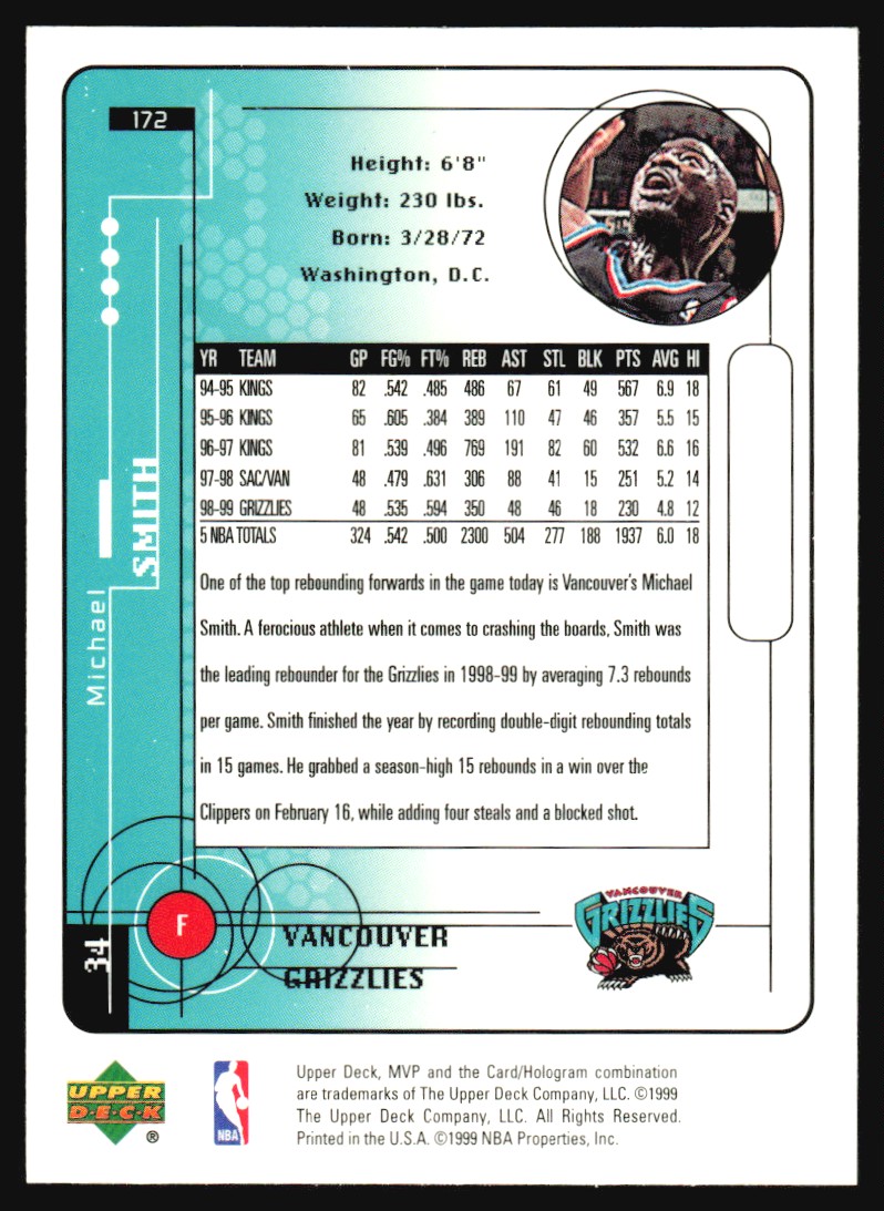1999-00 Upper Deck MVP Michael Smith #172 card back image