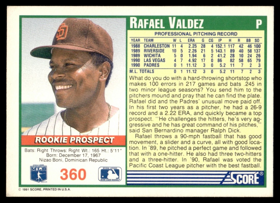 1991 Score Rookie Prospect Rafael Valdez #360 card back image