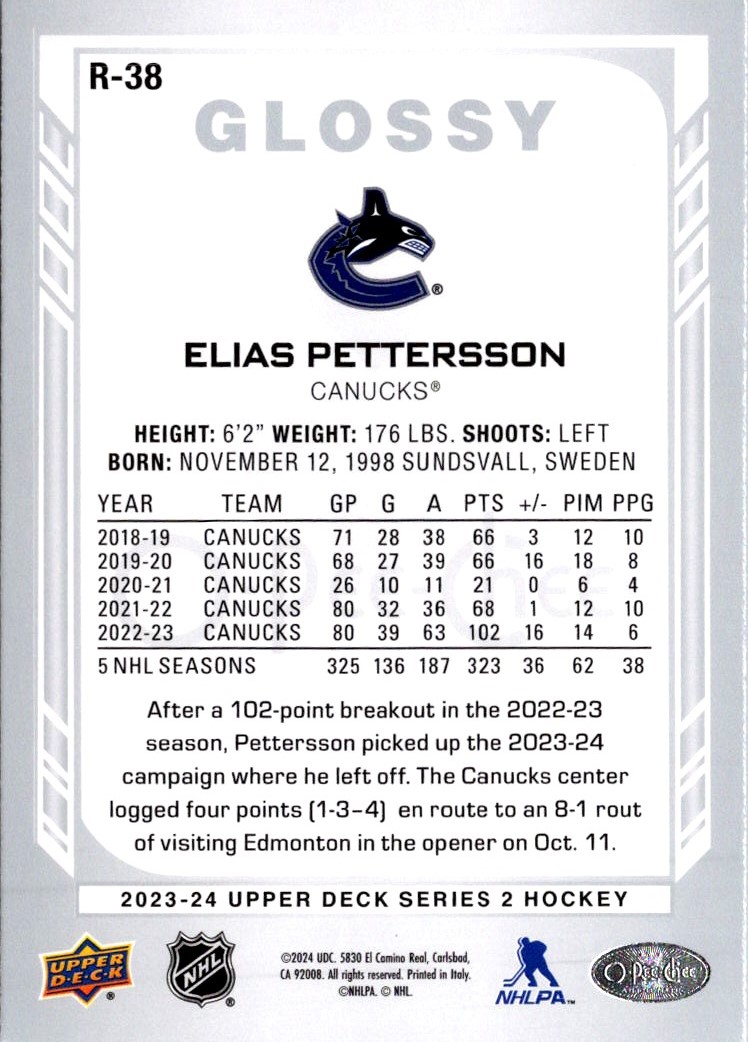 2023-24 Upper Deck O-Pee-Chee Glossy Elias Pettersson #R-38 card back image
