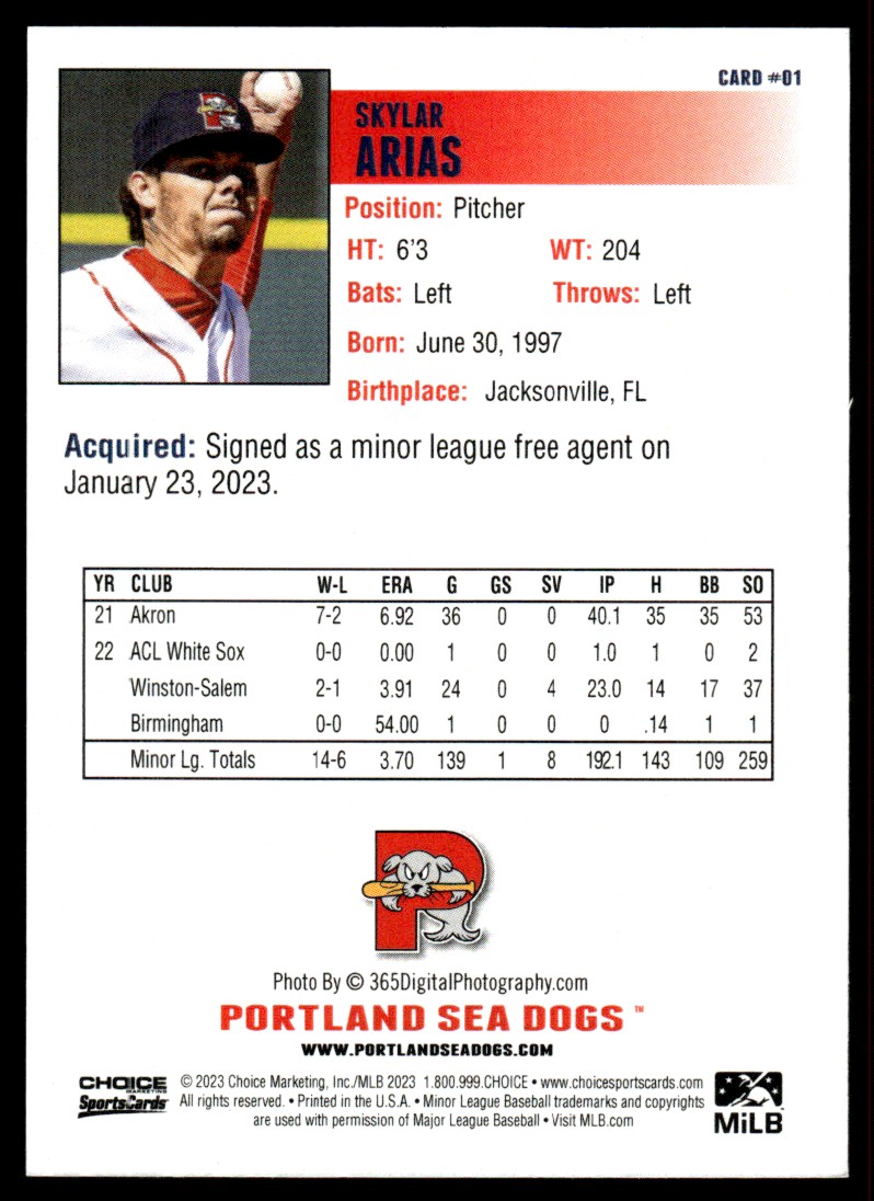 2023 Skylar Arias Choice Minor League Rookie Red Sox Portland Sea