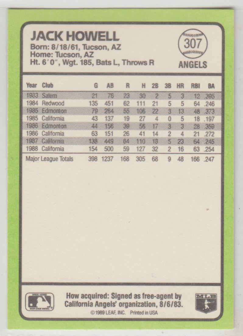 1989 Donruss Baseball's Best Jack Howell #307 card back image
