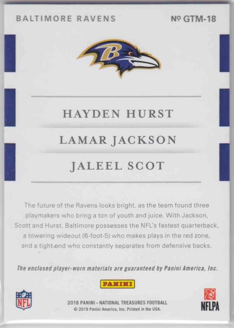2018 Panini National Treasures Rookie NFL Gear Trio Materials Hayden Hurst, Lamar Jackson, Jaleel Scot #GTM-18 card back image
