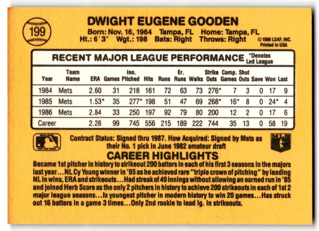 1987 Donruss Dwight Gooden #199 card back image
