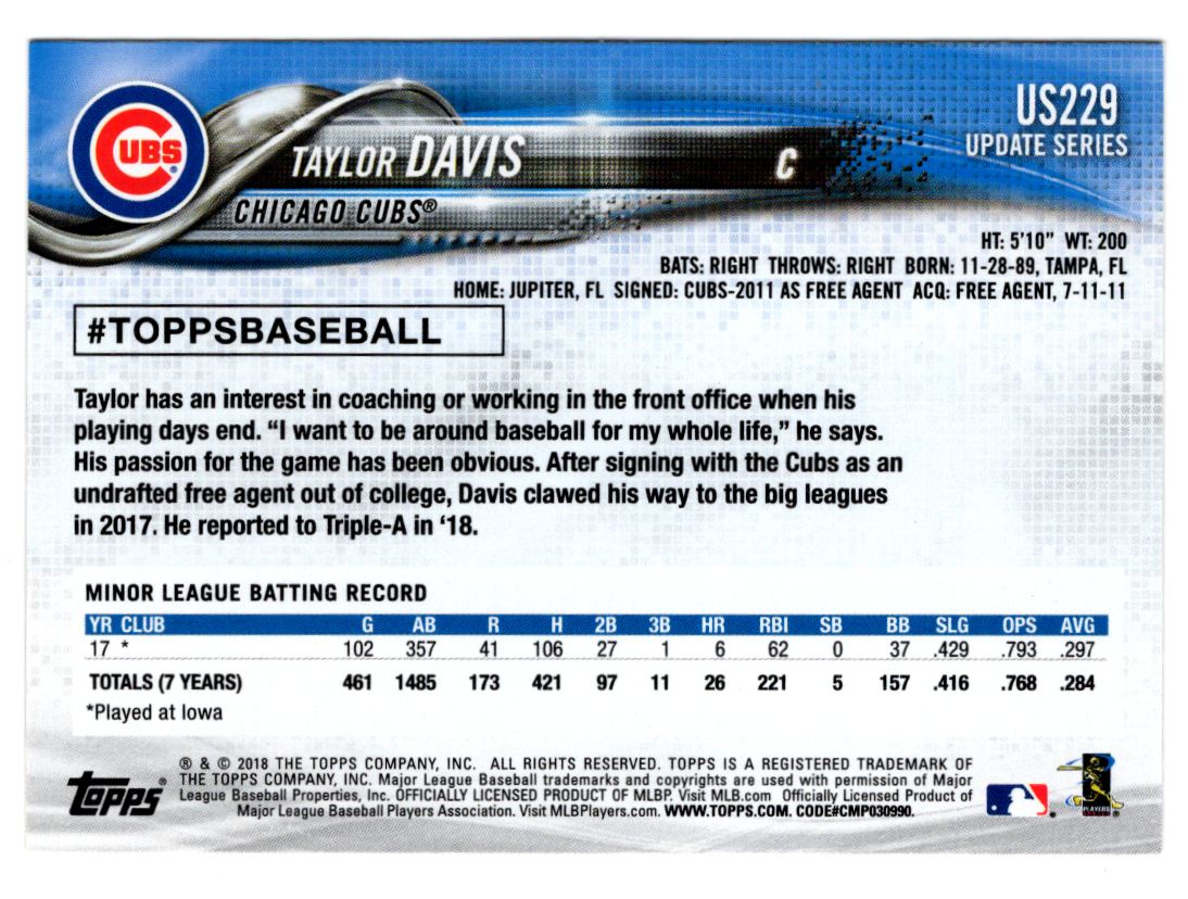 2018 Topps Update Taylor Davis #US229 card back image