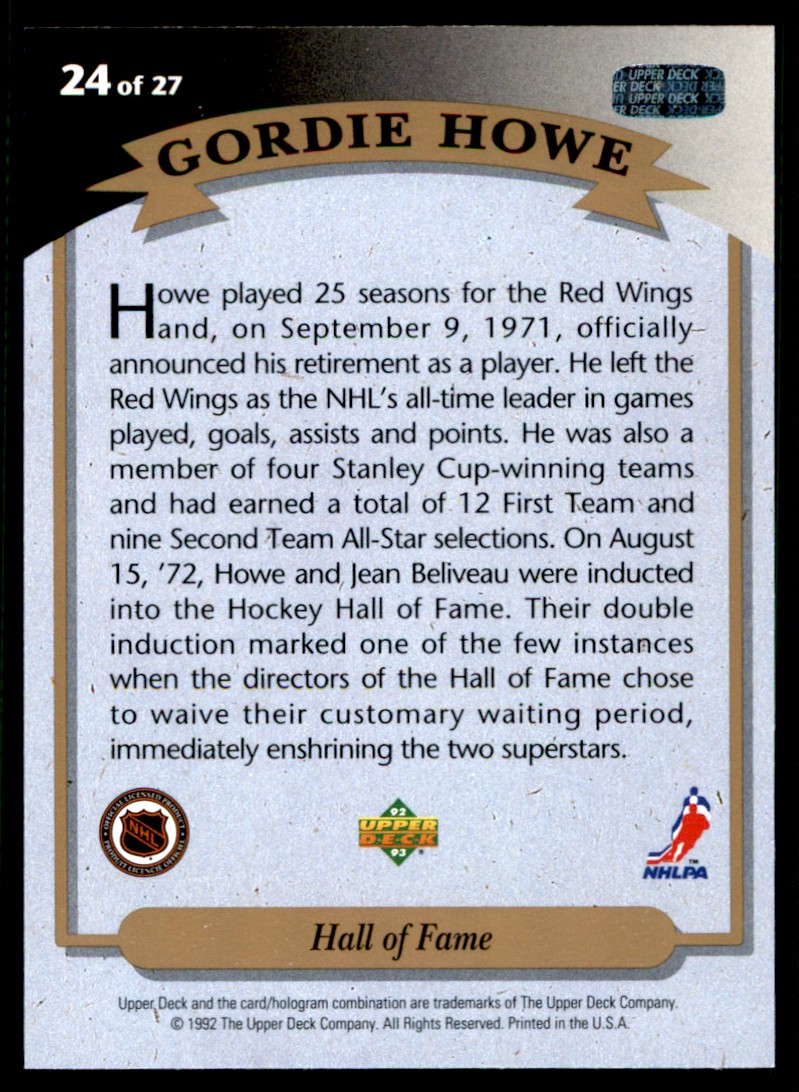 1992-93 Upper Deck Hockey Heroes Gordie Howe Gordie Howe #24 card back image