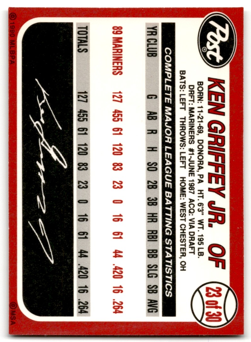 1990 Post Cereal First Collector Series Ken Griffey Jr. #23 card back image