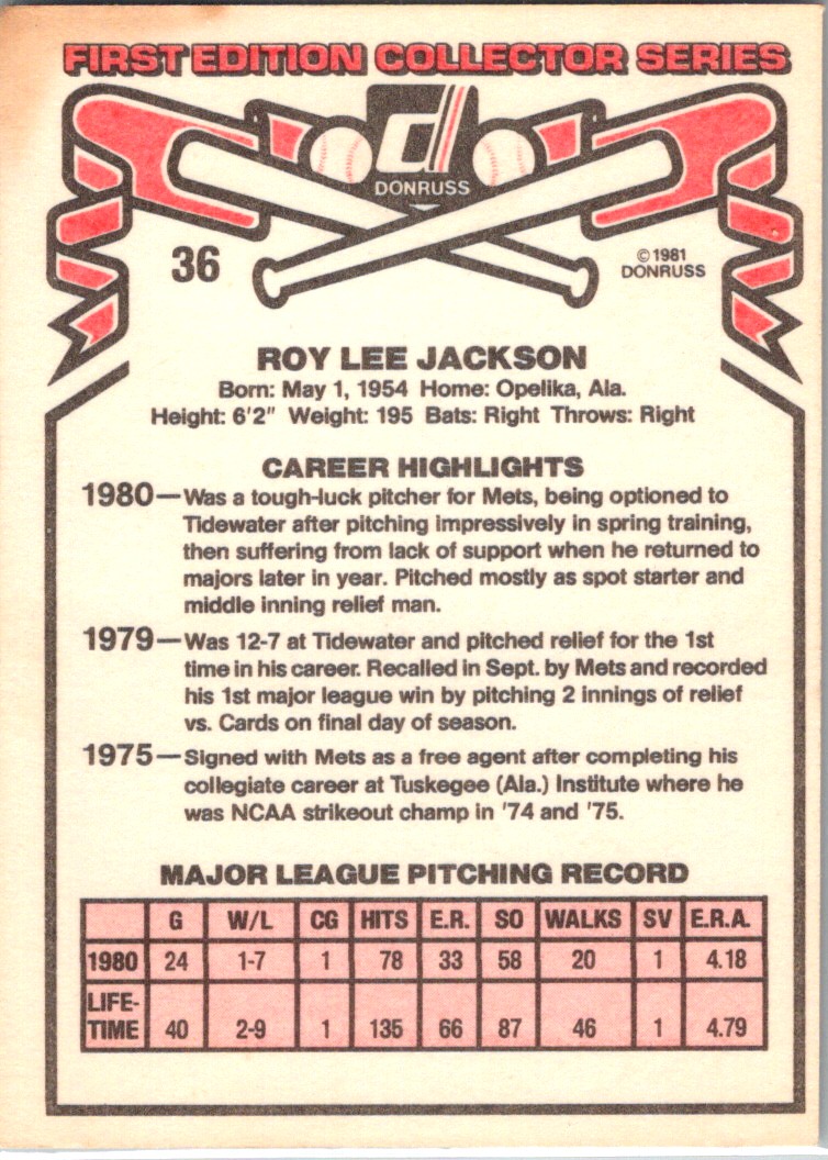 1981 Donruss Roy Jackson #36 card back image