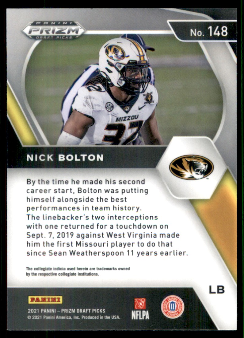 2021 Panini Prizm Draft Picks Collegiate Blue Nick Bolton #148 card back image