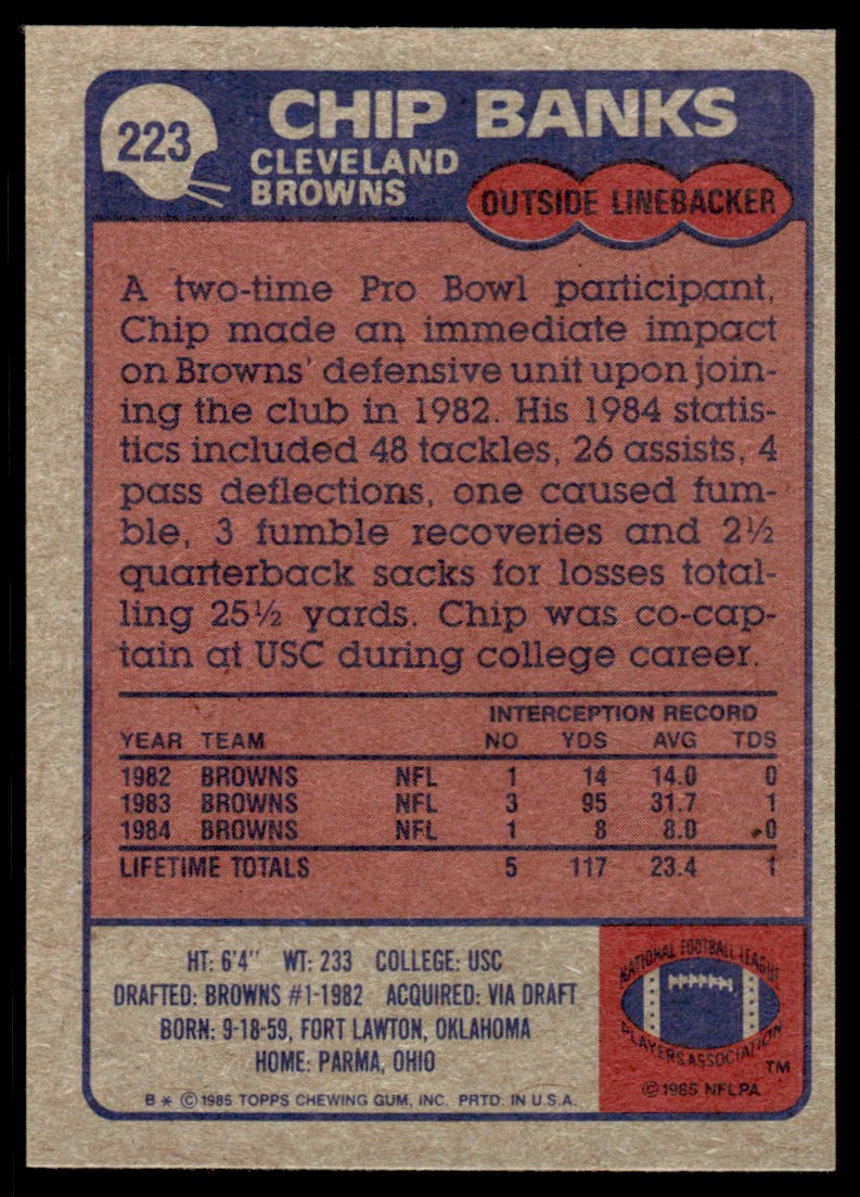 1985 Topps Chip Banks #223 card back image