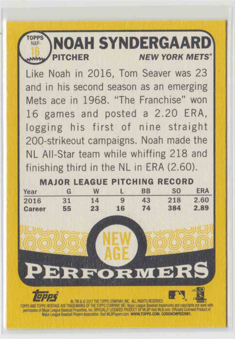 2017 Topps Heritage New Age Performers Noah Syndergaard #NAP-16 card back image