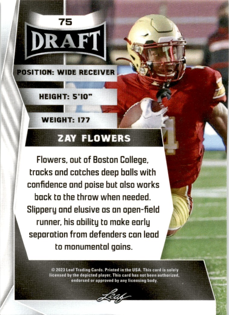 2023 Leaf Draft Football Zay Flowers Rookie Card #75