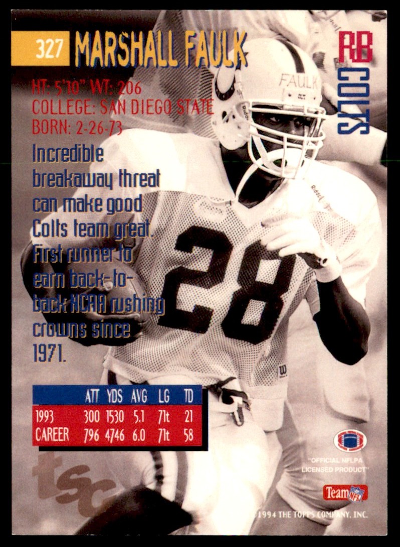 1994 Stadium Club Marshall Faulk #327 card back image