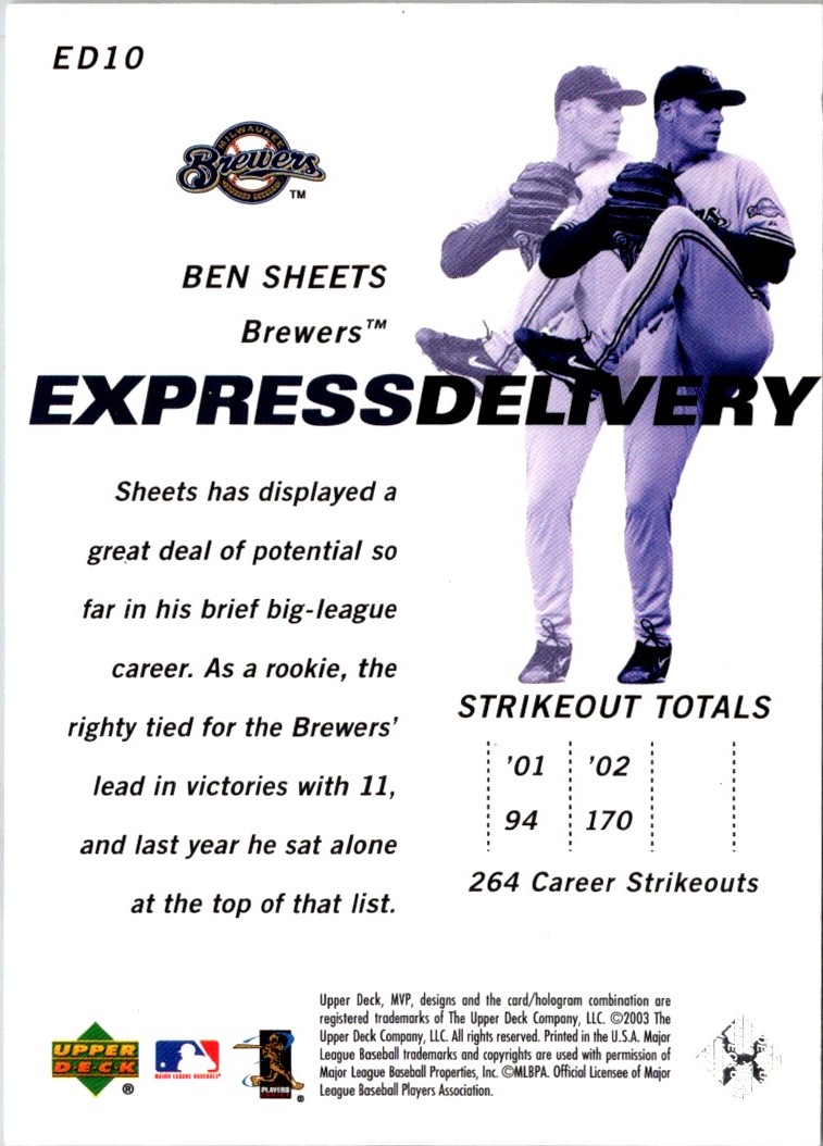 2003 Upper Deck MVP Express Delivery Ben Sheets #ED10 card back image