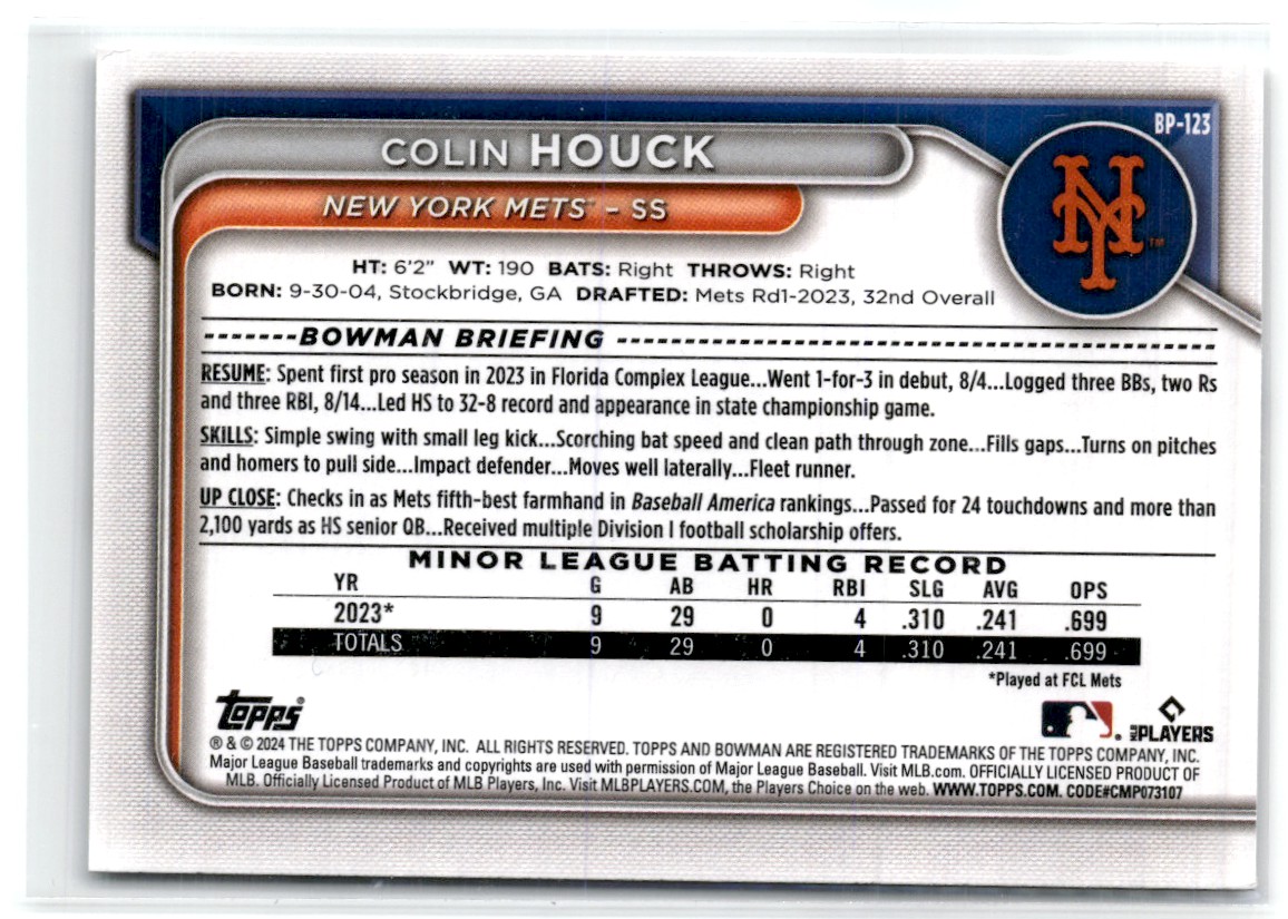 2024 Bowman Prospects Colin Houck #BP-123 card back image