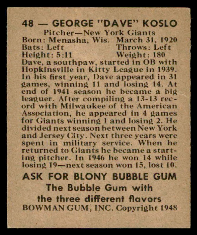 1948 Bowman Dave Koslo #48 card back image