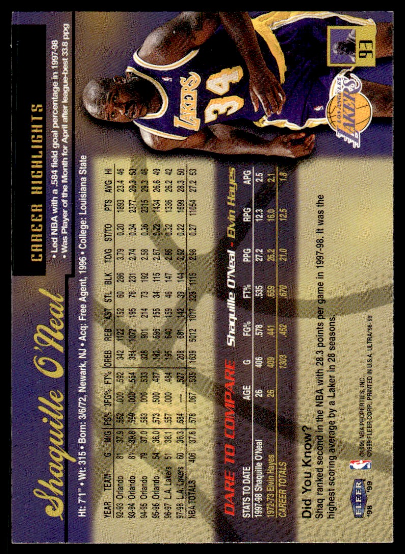 1999-00 fleer ultra shaquille o'neal #93 card back image