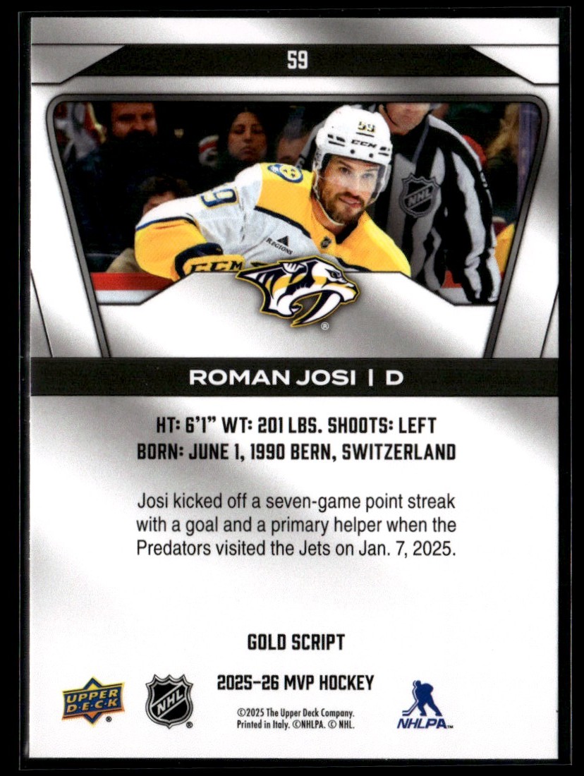 2025-26 Upper Deck MVP Gold Script Roman Josi Nashville Predators