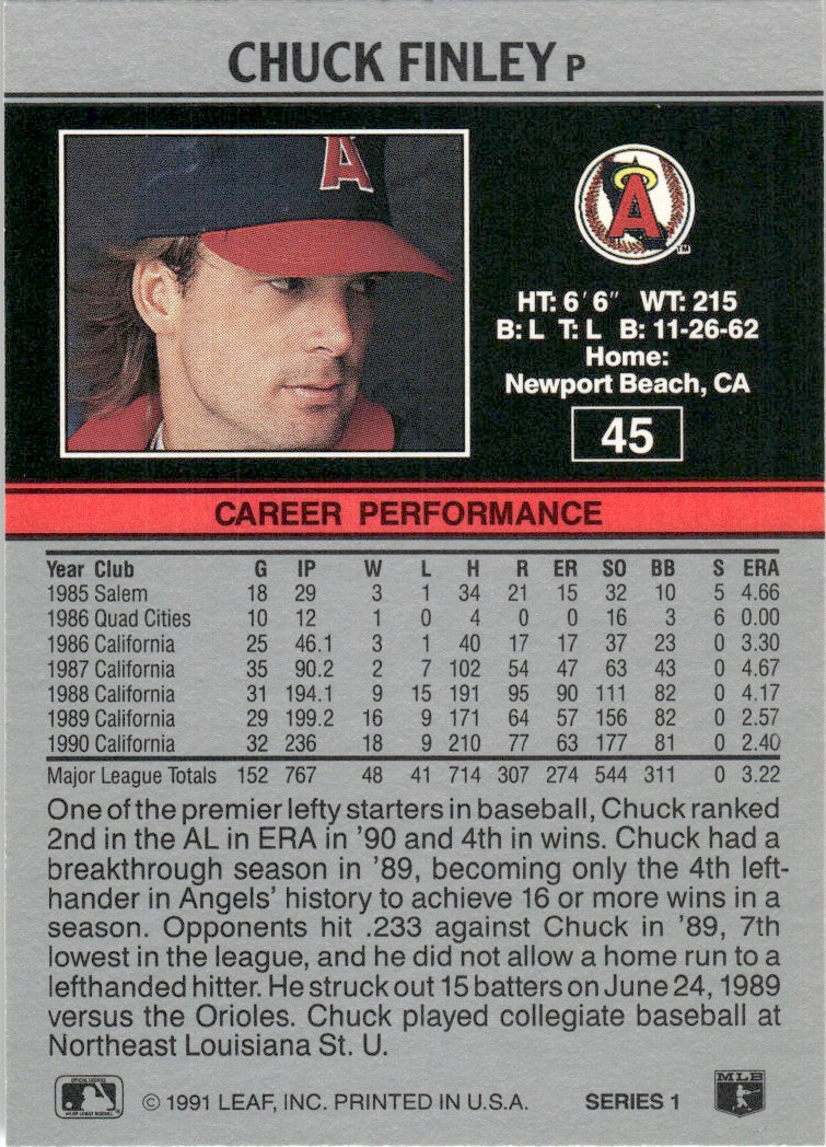 1991 Leaf Major League MLB Baseball Chuck Finley #45 card back image